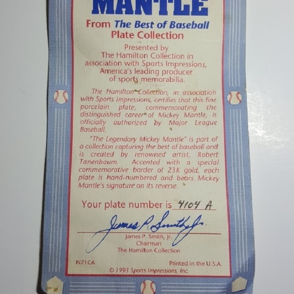 The Legendary Great Mickey Mantle Baseball Collectors Plate #4104A - Picture 4 of 4